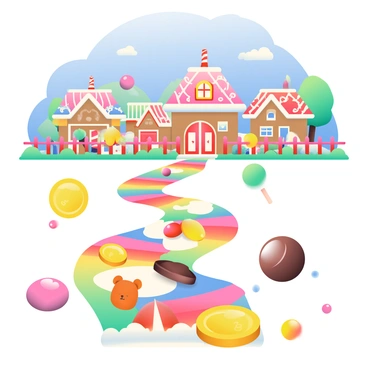 A winding path made from rainbow-colored candies is leading toward a candy village in the distance. The path consists of various types of candies, including bright gummy bears, shiny chocolate coins, and scattered lollipops of different shapes and sizes. On either side of the path, there are oversized gumdrops and jellybeans in vibrant colors. In the background, the candy village features whimsical houses made of gingerbread, with candy cane fences and cotton candy trees lining the streets. The sky above is a clear blue with fluffy white clouds.