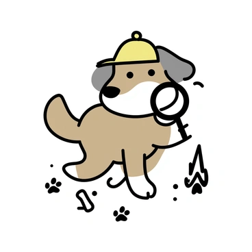 A cartoon dog wearing a detective hat and magnifying glass searching for clues
