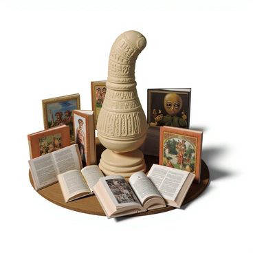 A detailed display of various cultural representations of the penis in art and literature. The image features a prominent sculpture of a phallus, intricately carved and adorned with symbols from different cultures, such as ancient Greek and Roman motifs. Surrounding the sculpture are several open books, each showcasing illustrations and text from various historical literature, depicting the penis in diverse contexts. In the background, there are several paintings and masks representing fertility and masculinity from different cultures around the world. The entire composition conveys a rich tapestry of cultural significance and artistic interpretation.
