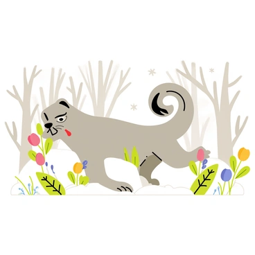 A foo dog partially covered in white snow is positioned in a winter garden. The foo dog is carved from gray stone, with intricate details showcasing its fierce expression and curled tail. Around it, vibrant green plants peek through the snow, providing a contrast to the white landscape. Small, colorful flowers are dusted with snow, adding a pop of color to the scene. Snowflakes gently fall from a gray sky, creating a serene winter atmosphere. The background features bare trees with branches frosted in ice, completing the winter garden setting.