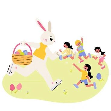 A fluffy white bunny wearing a small yellow vest is hopping through a bright green meadow. The bunny is holding a colorful woven basket filled with decorated Easter eggs. Around the bunny, several delighted children are running, their faces lit up with joy. The children, wearing light spring clothing, are reaching out towards the bunny and the basket. Vibrant flowers in pink, blue, and yellow dot the grassy landscape, adding to the cheerful atmosphere. In the background, a clear blue sky stretches above, enhancing the festive scene.
