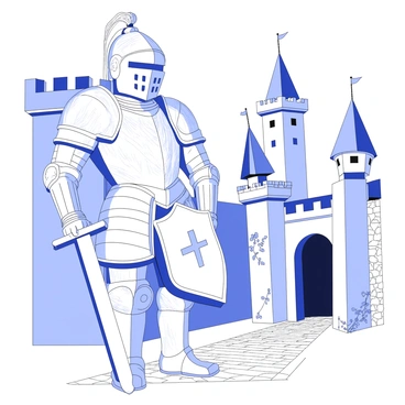 A stone statue of a medieval knight stands tall at the entrance of an ancient castle. The knight is clad in full armor, with intricate engravings visible on the surface. His helmet features a plume on top, and a visor that casts a shadow over his stern expression. He holds a sword upright in one hand, while the other rests on his shield, which is adorned with a coat of arms. The castle in the background has imposing towers and weathered stones, with ivy creeping up the walls. The ground is covered in cobblestones leading up to the castle gates, adding to the historical ambiance of the scene.