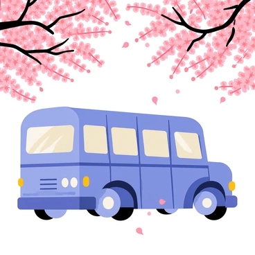 A blue school bus with large windows and a rounded front is parked under a canopy of cherry blossoms. The bus is bright and cheerful, contrasting with the soft pink hues of the petals. The branches of cherry trees are laden with clusters of vibrant blossoms, creating a beautiful overhead display. Light filters through the flowers, casting delicate shadows on the ground. A few scattered petals are gently falling, creating a picturesque scene around the bus.