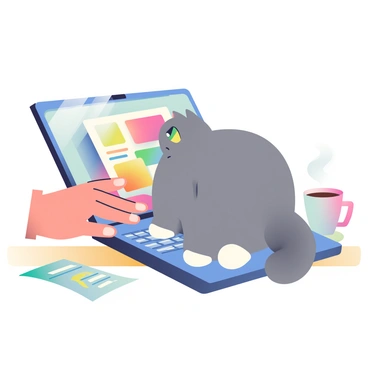 A fluffy gray cat with white paws is sitting stubbornly on a laptop keyboard, completely absorbing the attention of the device. The laptop screen displays vibrant colors from an open document. The cat's bright green eyes are focused on the screen, seemingly uninterested in its owner's attempts to move it. A hand with neatly manicured nails is gently nudging the cat from the side, but the cat remains unmoved, relaxed and confident in its position. The laptop is placed on a wooden desk, surrounded by scattered papers and a steaming cup of coffee.