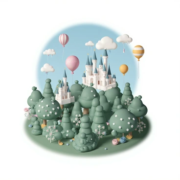 A whimsical fairytale kingdom with multiple castles, each elegantly designed with tall spires and ornate details, floating serenely above lush enchanted woods. The castles are tethered to colorful balloons that vary in size and pattern, gently swaying in the air. Below, the enchanted woods are filled with vibrant green trees, intertwining branches, and patches of blooming flowers in various colors. Sunlight filters through the leaves, creating dappled shadows on the forest floor. The scene conveys a magical atmosphere with a clear blue sky in the background.