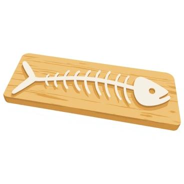 A mackerel skeleton is positioned on a rectangular wooden board. The skeleton features elongated, rib-like bones with a distinct skull at one end, showcasing its intricate structure. The wooden board has a textured surface, displaying visible grain patterns and knots. Natural light casts soft shadows on the board, emphasizing the contours of the skeleton.