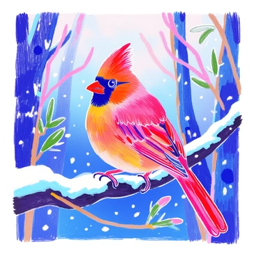 A vibrant red cardinal is perched on a snowy branch. The bird's bright feathers contrast sharply with the white snow covering the branch. The branch is part of a tree with a few remaining green pine needles peeking through the snow. In the background, soft shadows of other trees and a gentle snowfall can be seen, adding depth to the scene. The cardinal's sharp black mask around its eyes stands out prominently against its red plumage.