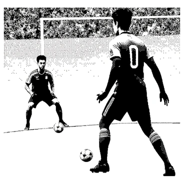 An anime-style soccer player, resembling Ronaldo, is positioned on the soccer field, preparing to take a penalty shot. He is wearing a sleek soccer kit, featuring a jersey with a distinctive number and shorts. His expression is focused and determined, with short, dark hair and sharp facial features. In front of him, an anime-style goalkeeper stands ready, showcasing a fierce look. The goalkeeper is in a dynamic pose, wearing a padded jersey and gloves, with spiked hair and a determined glare aimed at the shooter. The scene captures the dramatic tension of the moment as players and audience focus on this critical shot during the match.