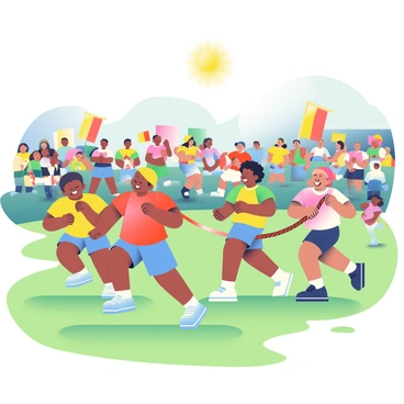 A vibrant sports day event is taking place in a grassy field filled with children participating in various activities. In the foreground, a group of children with diverse skin tones and hairstyles are energetically running in a race, wearing colorful t-shirts and shorts. Nearby, another group of children is engaged in a tug-of-war game, pulling a thick rope with determination, their faces showing concentration and excitement. Brightly colored banners and flags are fluttering in the background, creating an energetic atmosphere. Spectators, including parents and teachers, are cheering from the sidelines, adding to the lively scene. The sun is shining brightly overhead, illuminating the cheerful expressions of the children.