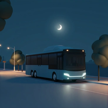 An electric bus, painted in a sleek metallic blue color, is parked on a quiet street. The bus's lights softly illuminate its surroundings, reflecting off the pavement. Streetlights along the road cast a warm, golden glow, contrasting with the cool bluish tones of the night. The moon, a bright crescent, hangs in the clear sky, providing additional light to the tranquil scene. Nearby trees create gentle shadows, adding depth to the composition. The atmosphere is calm, with no people in sight, enhancing the peacefulness of this moonlit night.