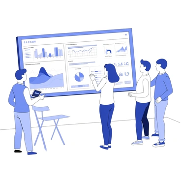 A group of people analyzing data on a giant touch screen