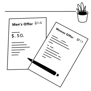 Two job offer letters placed side by side on a wooden desk. The first letter, labeled "Men's Offer," is printed on crisp white paper and prominently displays a higher salary figure at the top. Next to it, the second letter, labeled "Women's Offer," is also on white paper but features a lower salary figure. Both letters have the company logo at the top and include the names of the recipients. A pen lies across the letters, and the background suggests an office environment with a faint outline of a plant in a pot.