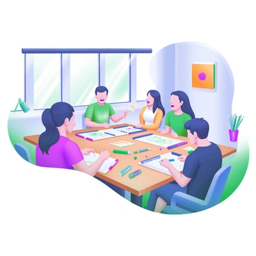 A group of illustrators is gathered around a large wooden table. They are engaged in a brainstorming session, looking focused and animated. Each person has a sketchpad in front of them, some sketching ideas with colorful markers while others discuss animatedly. The table is cluttered with art supplies, including pencils, erasers, and various colored pens. The room is bright with natural light streaming in from large windows, and vibrant artwork hangs on the walls, adding a creative atmosphere to the scene.