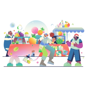 An intergalactic market is bustling with activity. Various aliens of different shapes and colors are scattered throughout the scene, each engaging in trade. Some aliens have elongated limbs and vibrant skin tones, while others have unique features such as multiple eyes or antennae. Stalls are filled with bizarre fruits that come in unusual colors and sizes, such as glowing purple fruits and spiky green ones. Nearby, a vendor is showcasing a collection of strange gadgets, including a floating orb that emits light and a small device with buttons that changes colors. The atmosphere is lively, with aliens haggling and exchanging goods amidst the colorful display of fruits and gadgets.