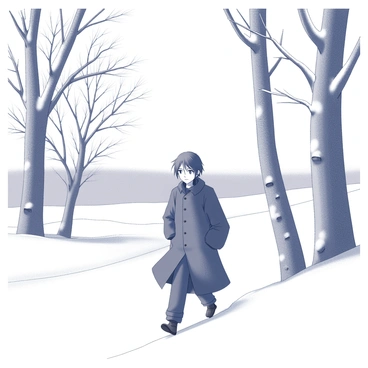 Ayanokoji is walking through a snowy landscape. He is dressed in a long, dark coat that contrasts with the white snow covering the ground. His expression is focused as he navigates the terrain. Surrounding him are bare trees with intricate branches, their silhouettes stark against the winter sky. The ground is blanketed in thick snow, creating a peaceful yet stark atmosphere. A soft layer of snow rests on the branches of the trees, and the landscape stretches into the distance, fading into a hazy horizon.
