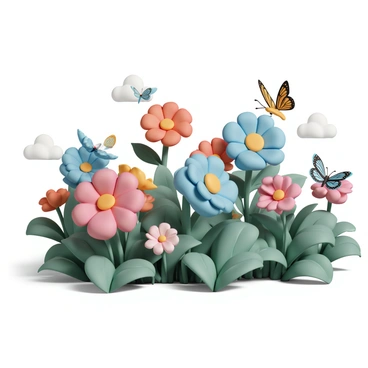 A hidden garden filled with vibrant, giant flowers in various colors, including red, blue, and yellow. The flowers have large, detailed petals and lush green leaves surrounding them. Among the flowers, several butterflies, each the size of a bird, flutter gracefully. The butterflies display intricate patterns in shades of orange, blue, and black. Sunlight filters through the foliage, creating soft shadows on the ground, enhancing the enchanting atmosphere of the garden.