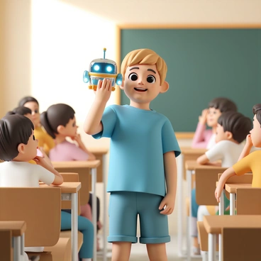 A young child, wearing a bright blue t-shirt and denim shorts, stands at the front of a classroom with wide eyes and a big smile. The child holds up a colorful toy robot, which is shiny and has blinking lights. The classroom has wooden desks and a chalkboard in the background, with several classmates sitting at their desks, looking at the child with interest and curiosity. Some classmates are leaning forward, while others are whispering to each other, captivated by the toy being presented. Sunlight streams in through a window, casting a warm glow over the scene.