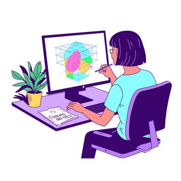 A designer with short black hair is sitting in front of a computer, intently focused on sculpting a 3D model using specialized software. The screen displays a vivid image of the model being created, surrounded by colorful wireframe outlines in various shades. The designer's workspace includes a sleek, modern desk with design tools and a notepad filled with sketches. There are potted plants in the background adding a touch of greenery to the scene. The room is well-lit, emphasizing the vibrant colors of the wireframe outlines on the screen.
