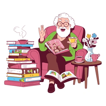An elderly storyteller with silver hair and glasses is seated in a cozy chair, surrounded by an array of beautifully illustrated storybooks. The storyteller is animatedly gesturing with one hand while holding an open storybook in the other. The books are stacked around the chair, displaying vibrant illustrations of various characters and scenes. Soft light illuminates the storyteller's face, highlighting their warm smile. A wooden table beside the chair holds a steaming cup of tea and a small decorative vase with fresh flowers.