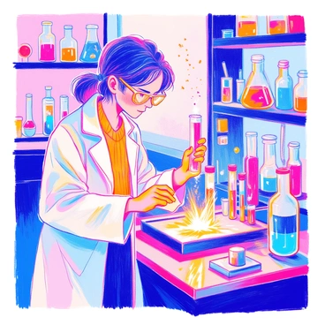 A scientist in a laboratory is wearing a white lab coat and protective goggles. They are focused intently on a test tube held in one hand, while the other hand adjusts a control on a nearby piece of equipment. Sparks are visibly flying from the test tube, illuminating the area around it. The lab is filled with various scientific equipment, including beakers, flasks, and a fume hood, creating a dynamic and busy atmosphere.