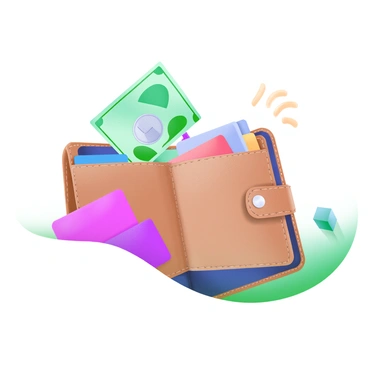 A modern pastel illustration featuring an open wallet lying flat. The wallet is a soft brown leather with visible stitching details. Various denominations of cash are spilling out from one side, showcasing colorful bills in shades of green, blue, and pink. Several credit cards in different colors are poking out from the other side of the wallet. The background is simple and unobtrusive, allowing the wallet and its contents to be the focal point of the image.
