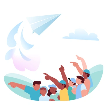 A paper plane is descending rapidly after a long glide, its edges slightly crumpled from use. Below, a group of children is gathered, pointing excitedly at the plane as it tumbles through the air. The children are wearing colorful clothing, with some sporting hats and others holding small toys. The scene is filled with a sense of wonder, as the paper plane catches the light with its white surface. In the background, there are grassy fields and a clear sky, enhancing the feeling of an outdoor adventure.