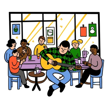 A musician playing an acoustic guitar in the corner of a lively coffee shop