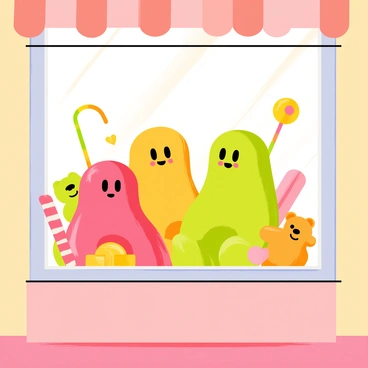 A store window display showcasing colorful jelly illustrations with bright hues of red, green, and yellow. The jelly characters are depicted with cartoon-like features, smiling and engaging with one another. Surrounding the jelly figures are various props such as oversized gummy bears, whimsical candy canes, and playful lollipops. The background of the window is adorned with pastel-colored wallpaper that enhances the fun atmosphere of the scene. Bright lighting highlights the display, making the jelly characters appear even more vibrant and inviting.