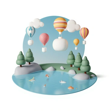 A vibrant scene depicting several colorful hot air balloons, each with a large water tank suspended beneath them. The balloons feature various patterns, including stripes and polka dots, in bright shades of red, blue, and yellow. Below, a clear, scenic lake glimmers in the sunlight, surrounded by lush green trees and rocky shores. The water tanks are partially filled, showing tropical fish swimming gracefully inside. The backdrop includes a clear blue sky with a few fluffy clouds drifting by, enhancing the overall beauty of the scene.