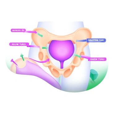 A detailed illustration of a female pelvis displayed prominently. The pelvic bones are shown in a neutral tone, while the surrounding structures are clearly color-coded for easy identification. The uterus is represented in pink, the ovaries in light purple, and the fallopian tubes in soft blue. Each structure is labeled with clear, bold text in contrasting colors to enhance visibility. Annotations with arrows point to each colored structure, providing a clear understanding of their locations and relationships within the pelvis. The overall layout is clean and educational.