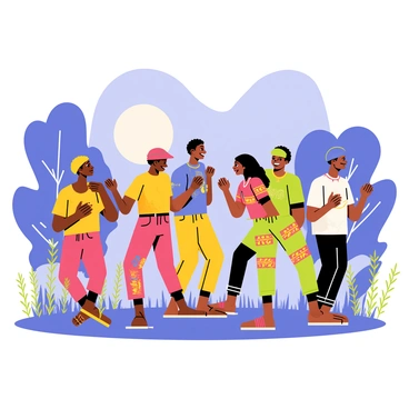 A group of five people dressed in colorful traditional African attire is performing a dance. The dancers, with intricate patterns on their clothing, are in various dynamic poses, showcasing their movements. The moonlight casts a soft glow on the scene, illuminating their joyful expressions. Surrounding them, tall grass sways gently in the night breeze while silhouettes of trees frame the background. A few drummers are positioned nearby, playing traditional instruments, adding rhythm to the vibrant performance.