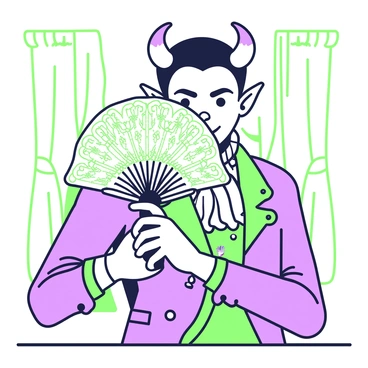 A Victorian devil is standing in an elegant pose, seductively hiding behind an ornate lace fan. The devil has pointed horns, sharp features, and a sly smile. The fan is intricately designed with delicate patterns, partially obscuring the devil's face. The devil is adorned in a lavish Victorian attire, featuring a ruffled collar and an elaborate jacket. The background includes hints of a lavish Victorian setting, such as draped curtains and opulent furnishings, enhancing the atmosphere of the scene.