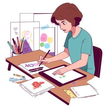 An illustrator with short brown hair is seated at a wooden desk, intently working on a digital tablet. The tablet screen displays a vibrant logo design in progress. Surrounding the illustrator, there are several concept sketches scattered on the desk, featuring different logo ideas and color variations. The room is well-lit with a soft, warm glow, and in the background, there are art supplies like markers and colored pencils arranged neatly. The illustrator is focused, with a determined expression while holding a stylus in the right hand and using the left hand to support the tablet.