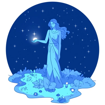 A blue figure of Demeter is standing gracefully under a starry night sky, surrounded by shimmering stars that illuminate the scene. She has long flowing hair that cascades down her back, and she is wearing a gown that flows elegantly around her. In her hands, she is gently spreading small orbs of light, which are drifting off into the landscape. The ground beneath her is lush and green, with various plants and flowers glowing faintly where the light lands. The sky is a deep shade, filled with a myriad of twinkling stars, casting a magical ambiance over the entire scene.