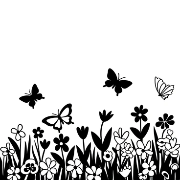 A group of butterflies in various sizes and shapes fluttering over a grassy meadow. The meadow is densely filled with a variety of blooming flowers, each distinct in form and arrangement. The butterflies are in mid-flight, their wings delicately poised as they navigate through the colorful landscape. The flowers stretch across the scene, creating a rich tapestry that welcomes the movement of the butterflies.