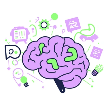 An AI model is represented as a large brain at the center of the image. The brain is detailed with various interconnected neural pathways and circuits. Surrounding the brain, several illustrations are coming to life, depicting different concepts such as gears, light bulbs, and digital symbols. These illustrations float in a dynamic manner, suggesting movement and interaction with the brain. The background features a soft gradient that enhances the focus on the brain and the lively illustrations around it.