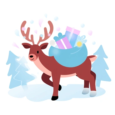 A reindeer with a brown coat is standing in a snowy landscape. The reindeer has antlers adorned with twinkling lights. On its back, there is a large, colorful sack filled with various Christmas presents wrapped in bright wrapping paper and topped with shiny bows. Snowflakes are gently falling around the reindeer, creating a festive atmosphere. In the background, there are evergreen trees dusted with snow.