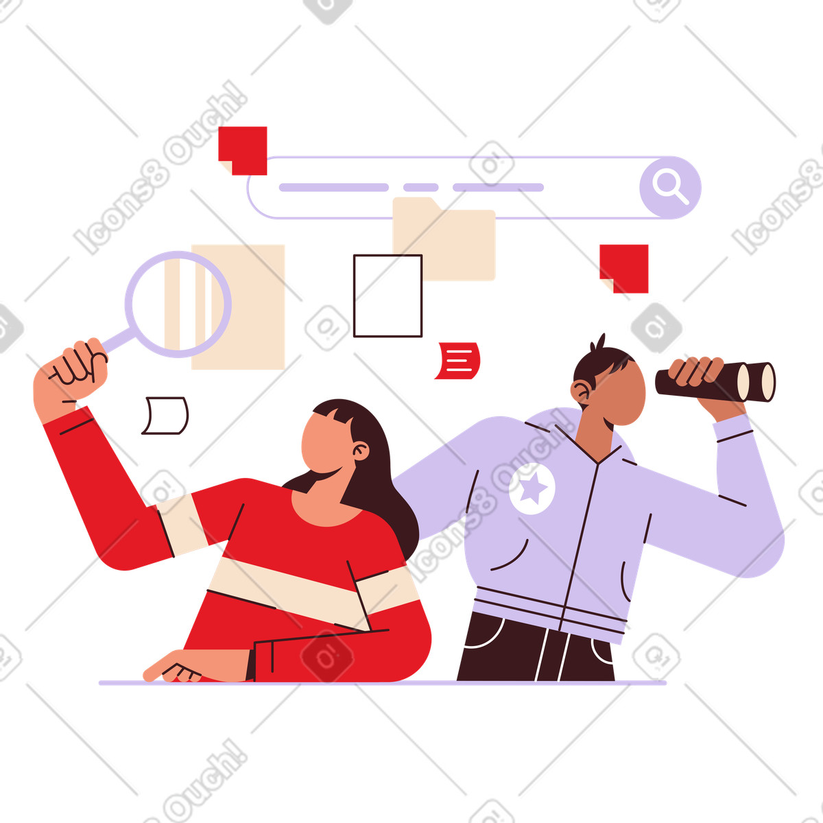 Woman and man searching for the right files illustration in Folks style download in PNG, SVG