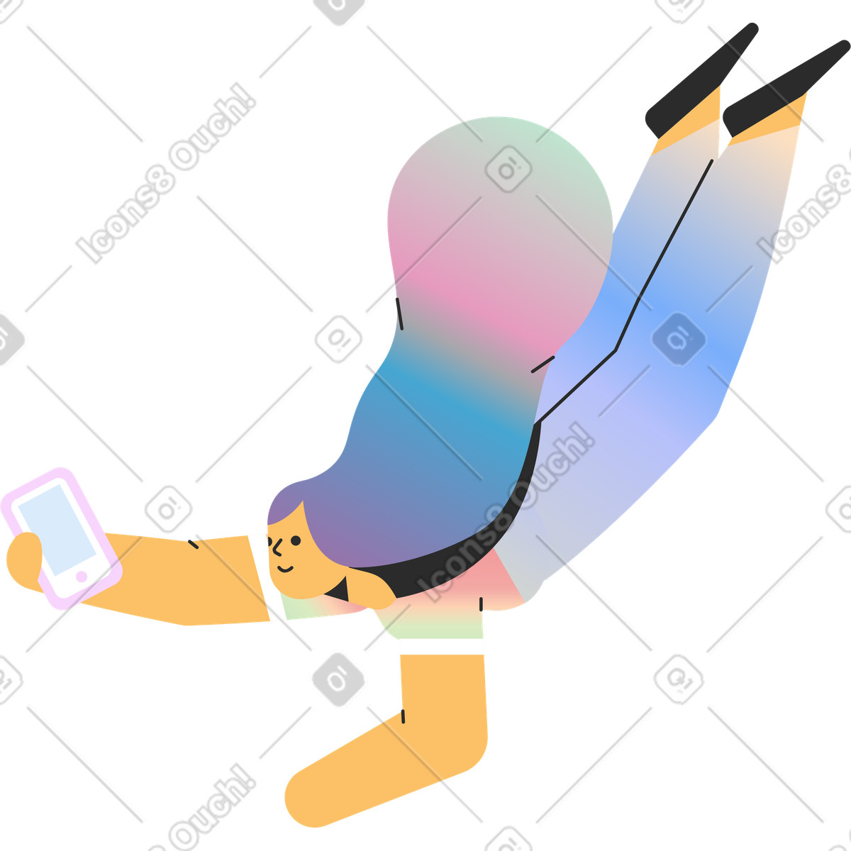 Flying woman with cell phone illustration in Marginalia style download in PNG, SVG