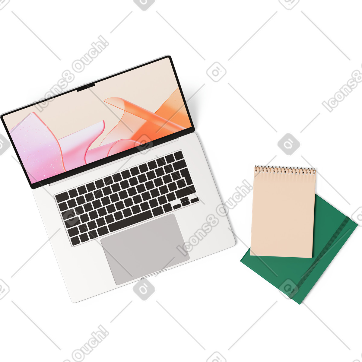 Top view of laptop and two notebooks-Illustration im 3D Hygge-Stil als Download in PNG, SVG