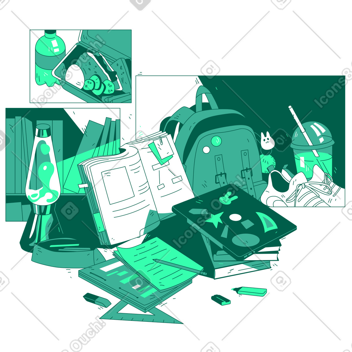 Stationery, textbook, laptop and backpack animated illustration in GIF, Lottie (JSON), AE