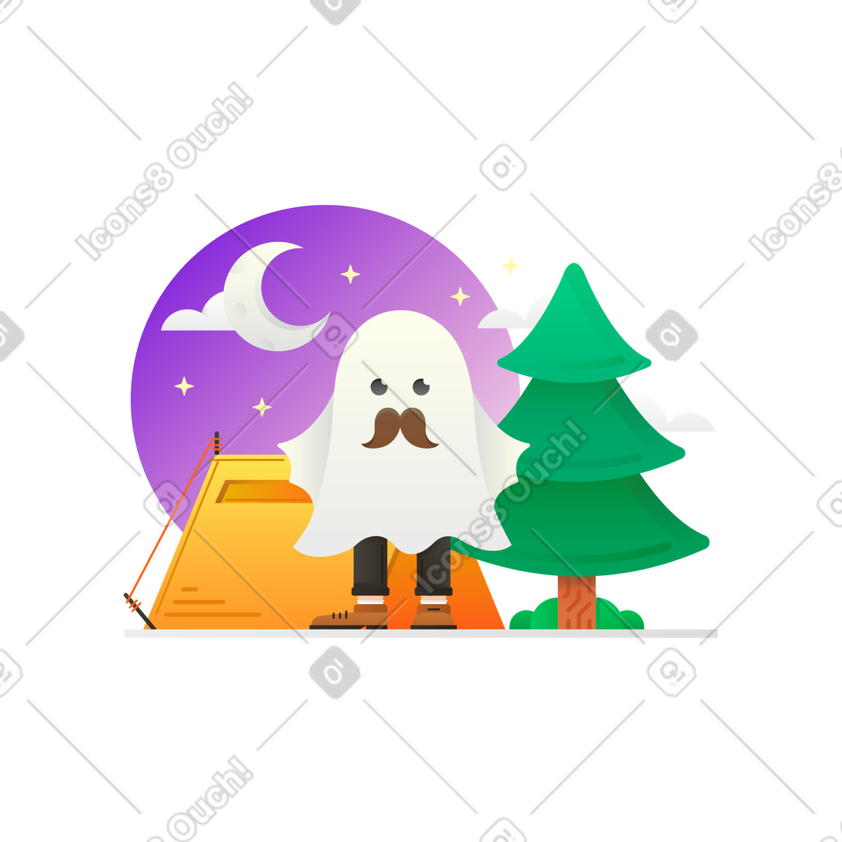 Ghost with mustache near camping tent, Halloween fun or spooky camping illustration in Hugo style download in PNG, SVG