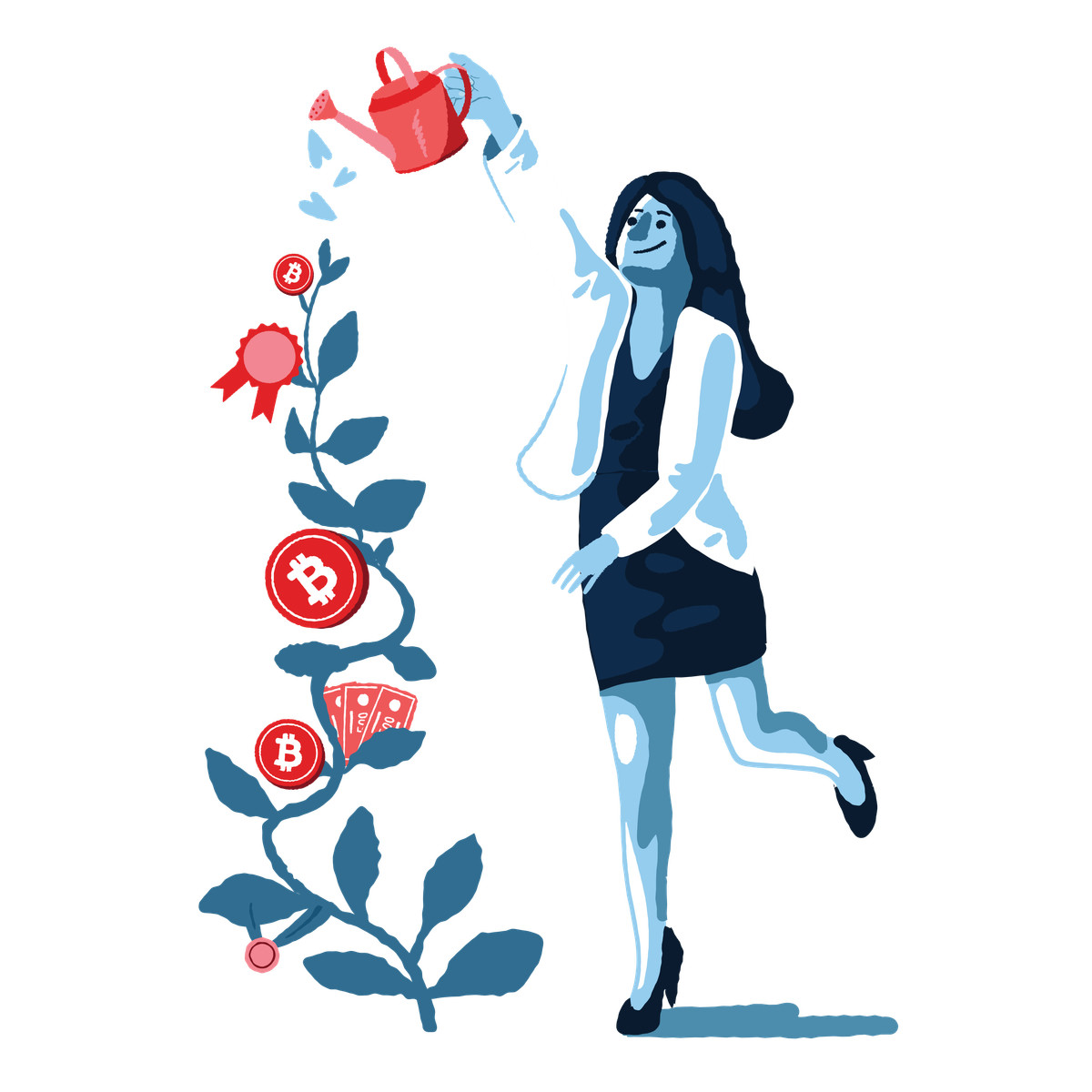 Woman making successful investments and buying bitcoins illustration in PNG, SVG
