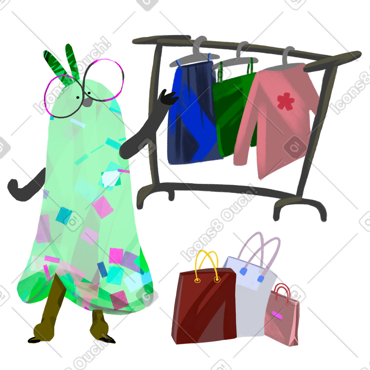Customer browsing clothing rack, Shopping and retail experience illustration in Atomic style download in PNG, SVG