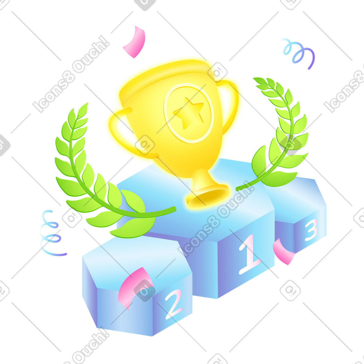 Illustration Coupe du vainqueur avec couronne de laurier et podium dans le style Isotech à télécharger aux formats PNG, SVG