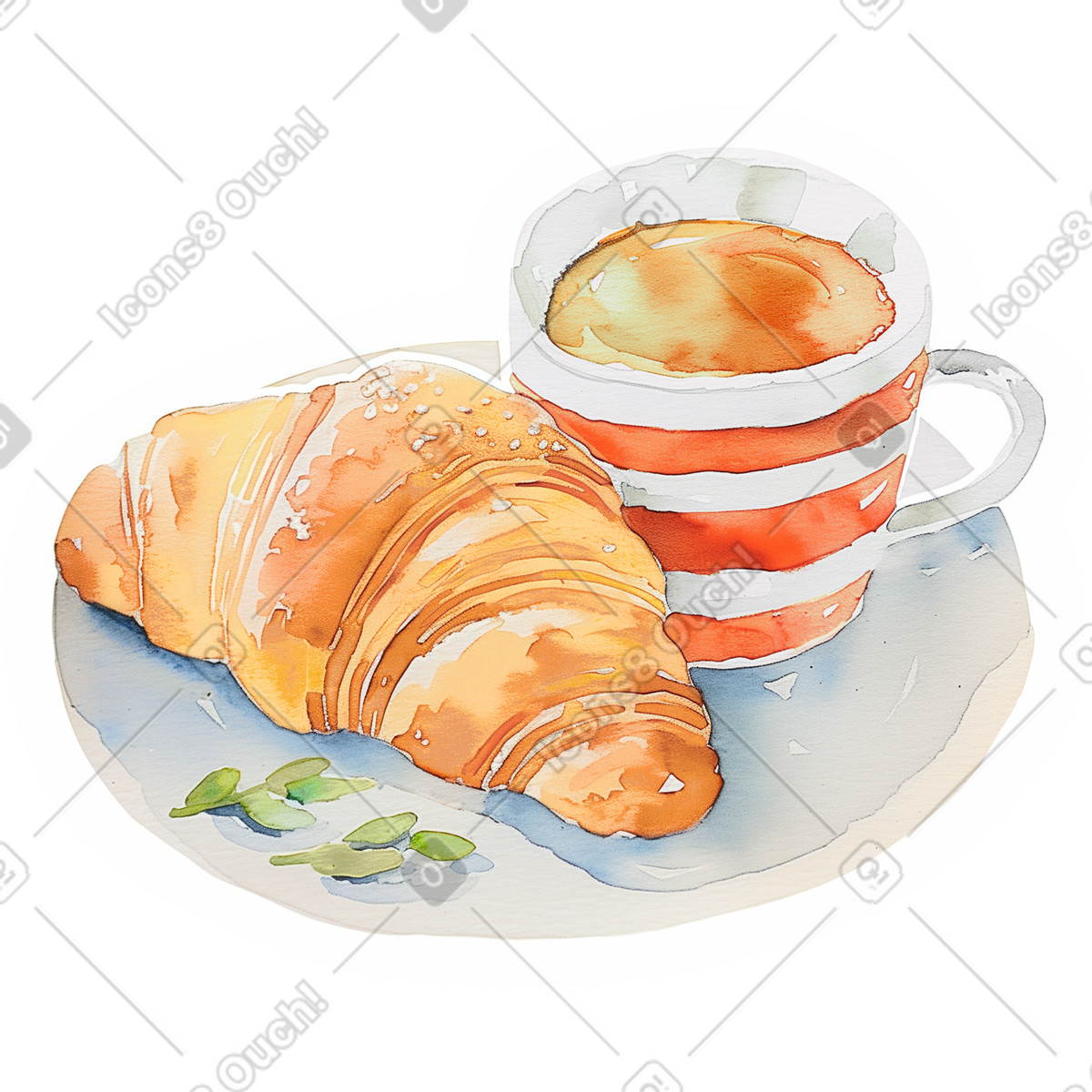 Watercolor スタイルの クロワッサンとコーヒー のイラストをPNG、SVG形式でダウンロード