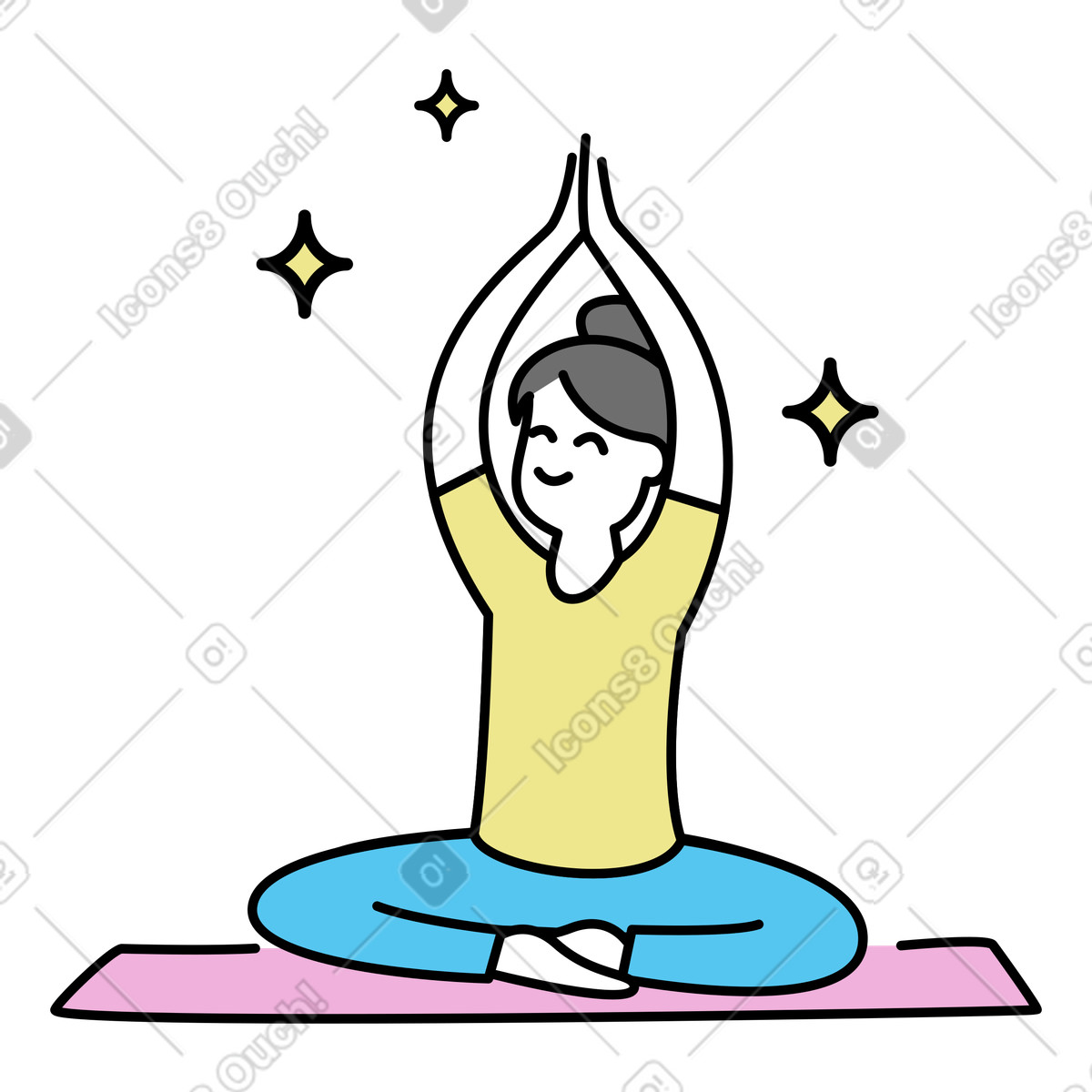 Illustration Femme assise en position du lotus sur un tapis de yoga dans le style Mochi à télécharger aux formats PNG, SVG