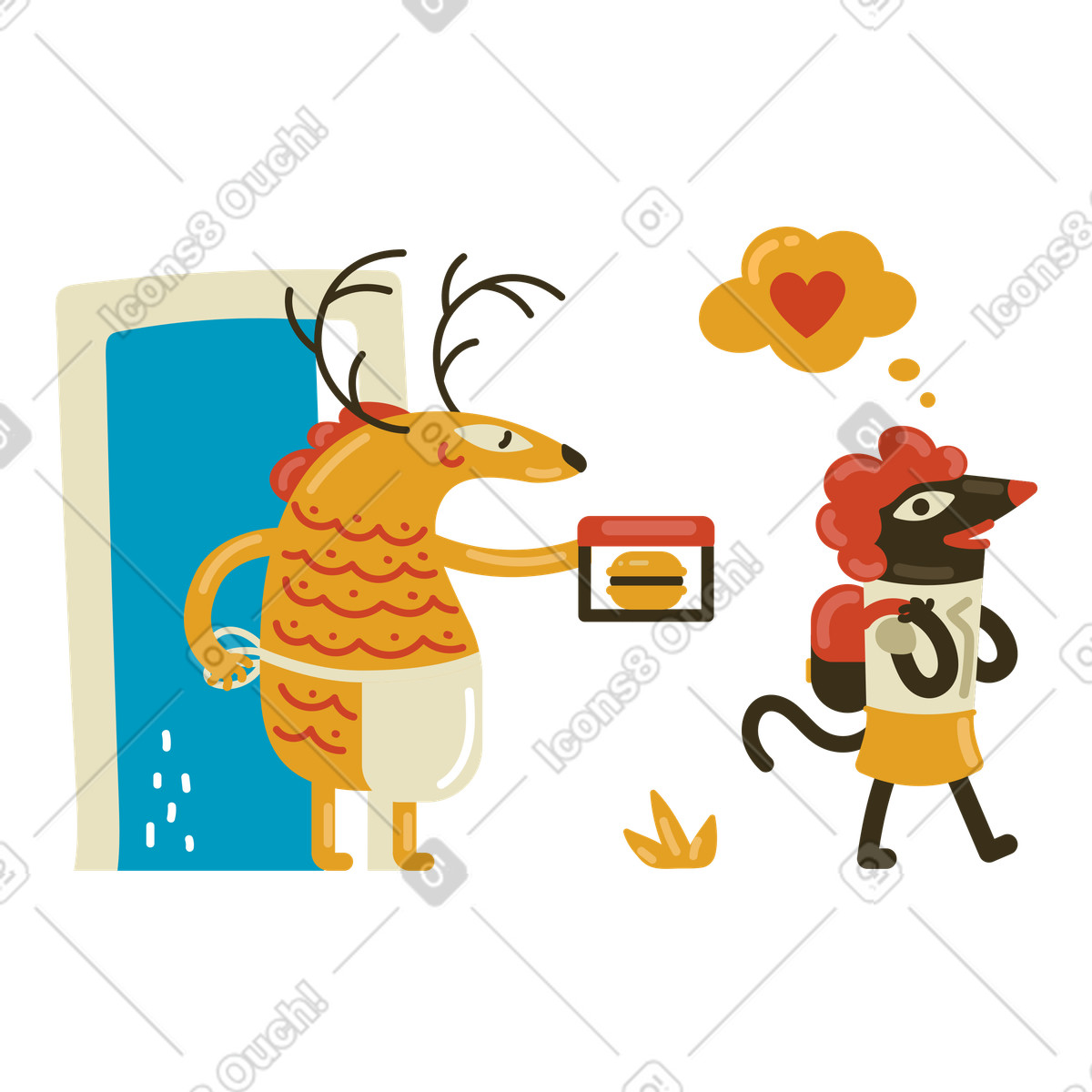 Arabica 스타일의 Friendly creature handing lunchbox to young student, Family morning routine 일러스트레이션 PNG, SVG 다운로드