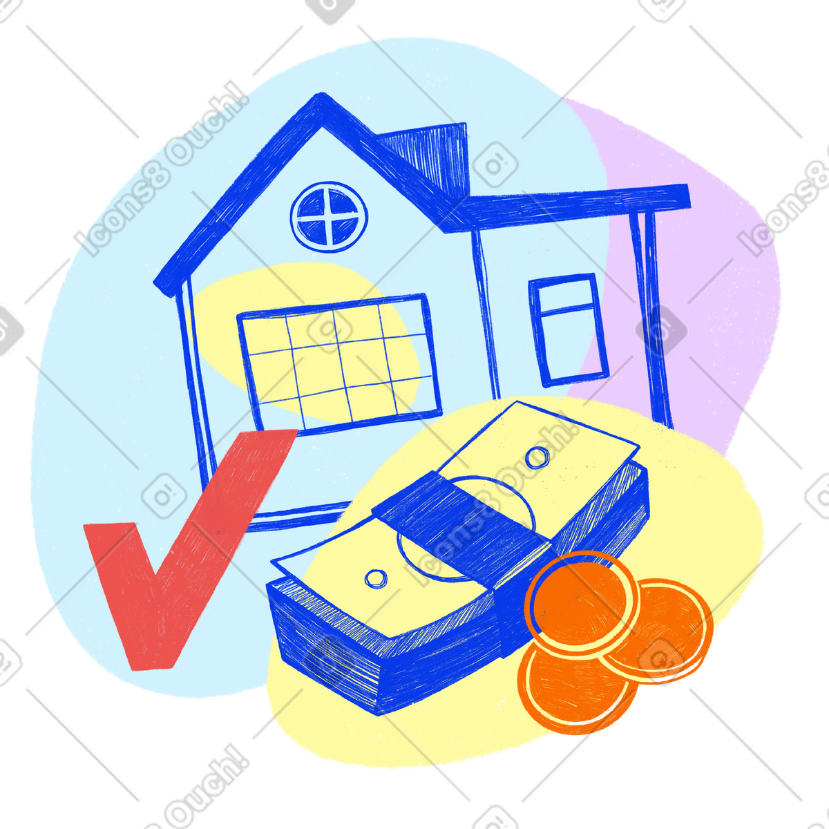 Illustration House with money stack and checkmark, Real estate sale or property deal dans le style Biro à télécharger aux formats PNG, SVG