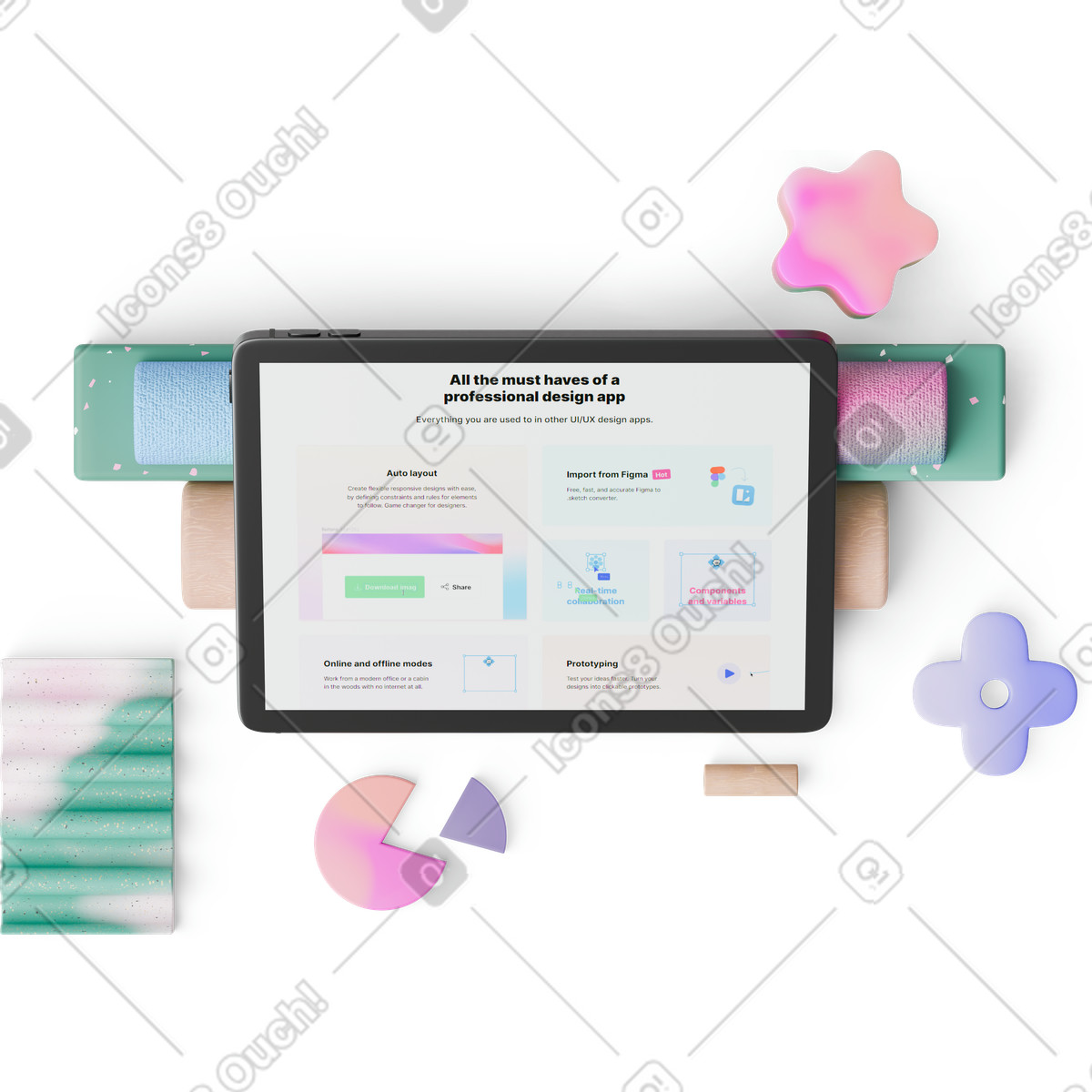 下载 3D Hygge 风格的 Top view of tablet and geometric shapes 插画，支持 PNG、SVG 格式